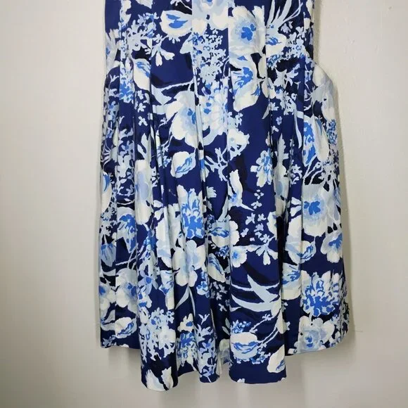 Lauren‎ Ralph Lauren Dress Womens 6 Blue Floral Pleated Pockets Fit And Flare - Picture 2 of 13